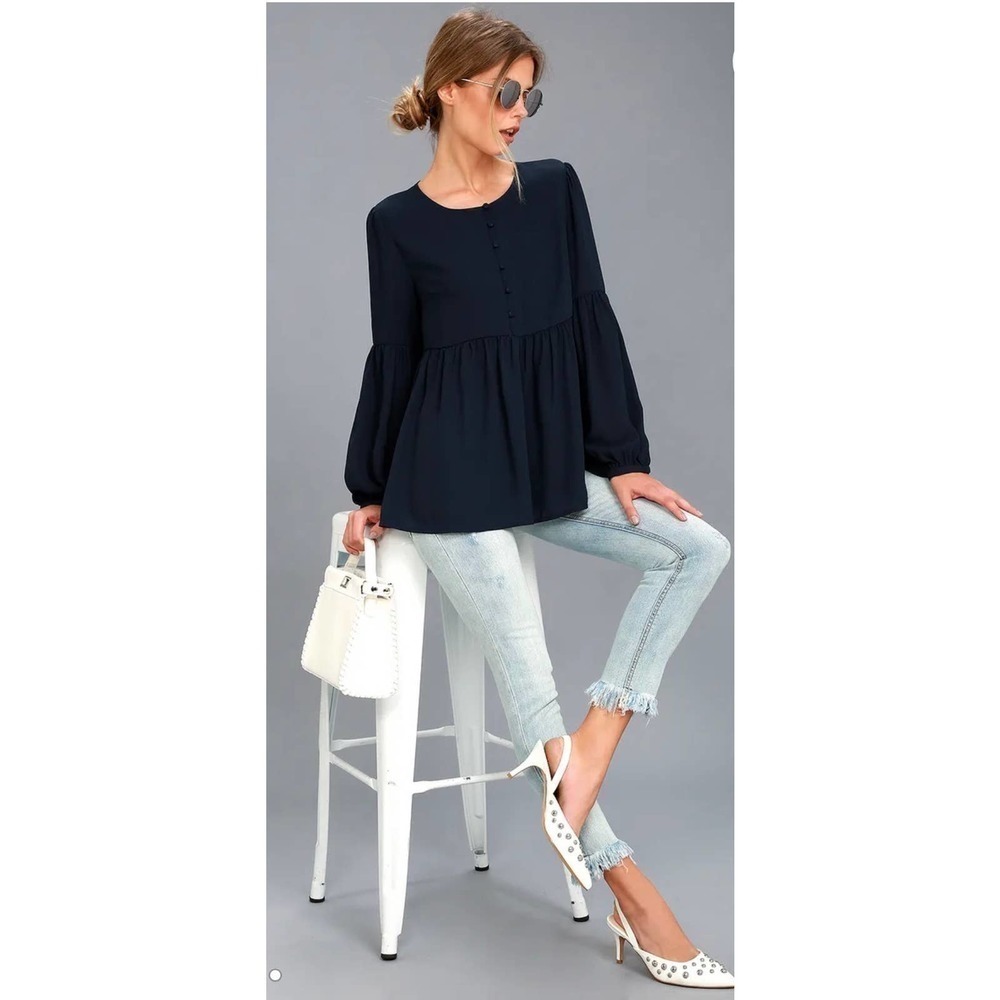 Lulus Primrose and Proper Long Sleeve Top women’s size M navy blue
